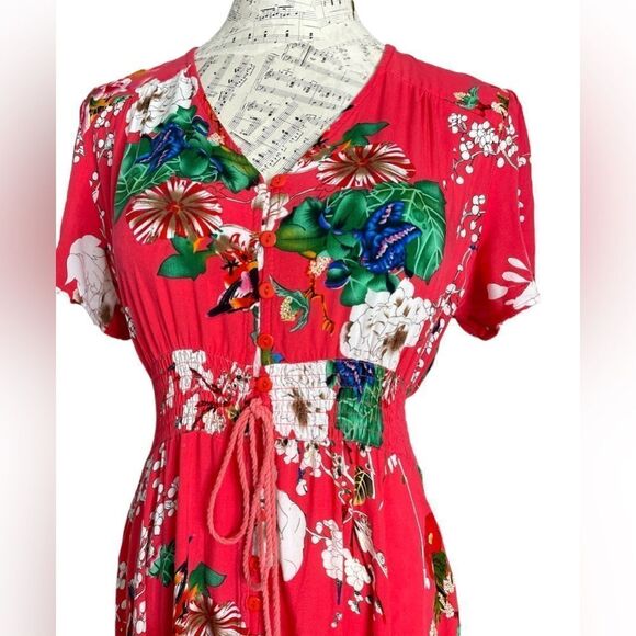 Floral Button Up Maxi Dress Red Elastic Waist L - Picture 2 of 8